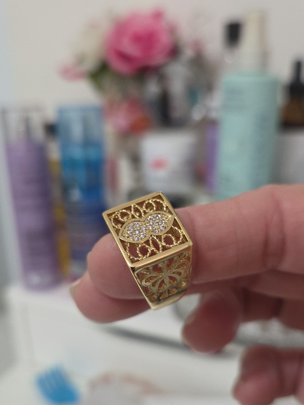 14K Laminated Gold Filigree Cubic Zirconia Accent Ring - Women Jewelry